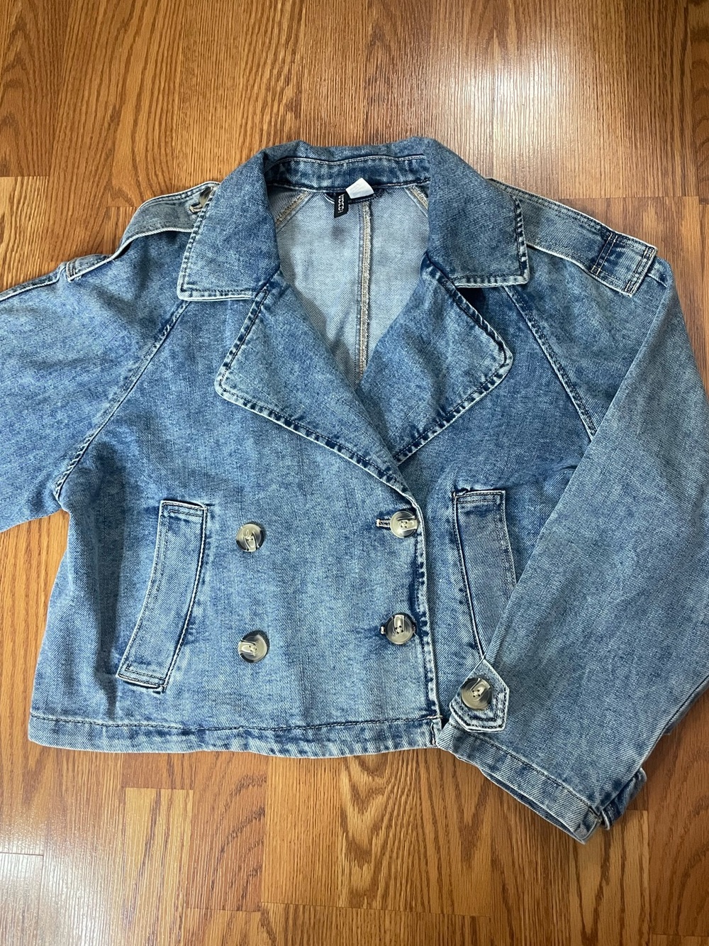H&M Denim Cropped Trench Jacket Size S (Fits M) Double Breasted - Picture 3 of 10
